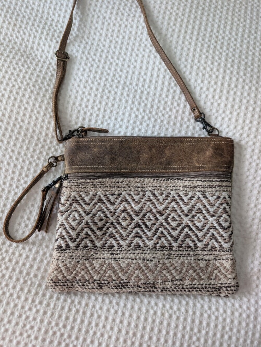 Boho Textured Brown Crossbody Bag - Made From Upcycled Military Uniforms